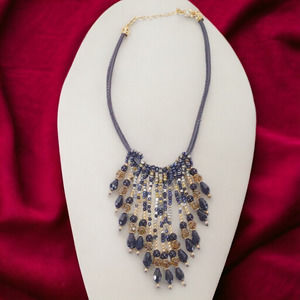 Stitched Leather Seed Glass Bead Fringe Gold Tone Lobster Clasp Necklace